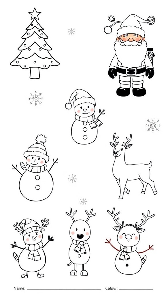 Black and white Christmas drawings including a tree, Santa, snowman, and snowflakes.